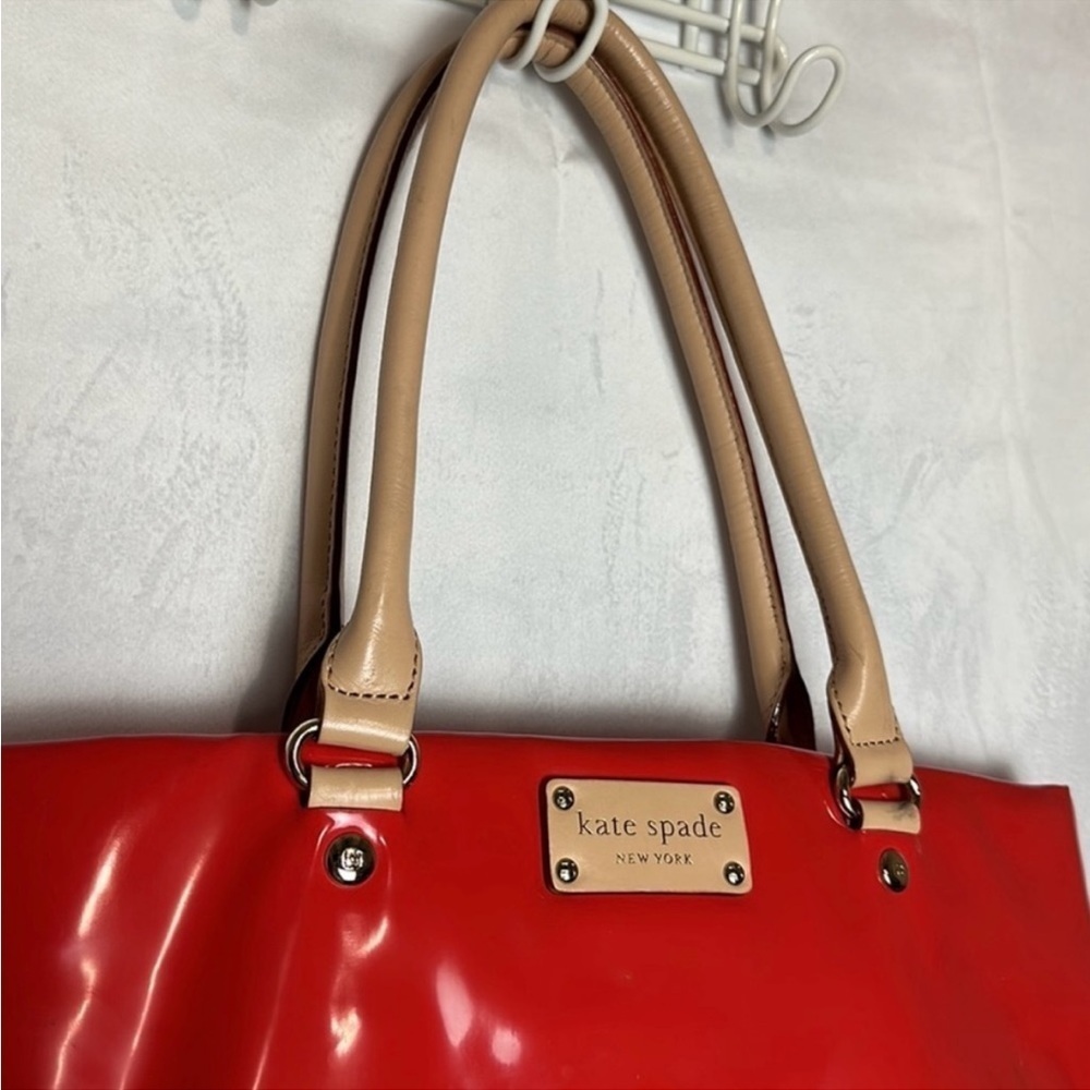 Kate Spade Fire Engine Red Patent Leather Tote Bag | Glossy Red Shoulder Bag - Picture 2 of 9